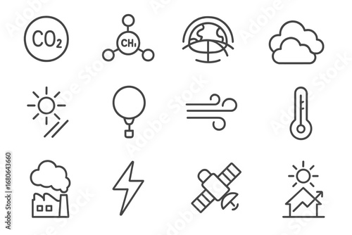 Atmospheric Change Icons. Outline icon set of atmospheric changes: CO2 molecule, methane, ozone layer, clouds,