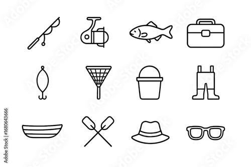 Fishing Icons Grid. Outline icon set of fishing in the river: fishing rod, reel, fish, tackle box, bait,