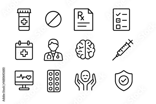 Psychiatric Medication Icons. Outline icon set of Psychiatric medication: pill bottle, tablet, prescription,