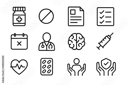 Psychiatric Medication Icons. Outline icon set of Psychiatric medication: pill bottle, tablet, prescription,