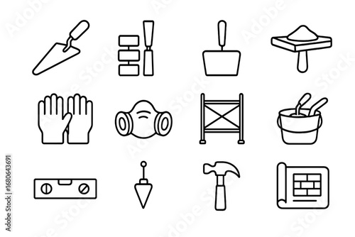 Heritage Restoration Icons. Outline icon set of heritage brick restoration: pointing trowel, brick chisel,