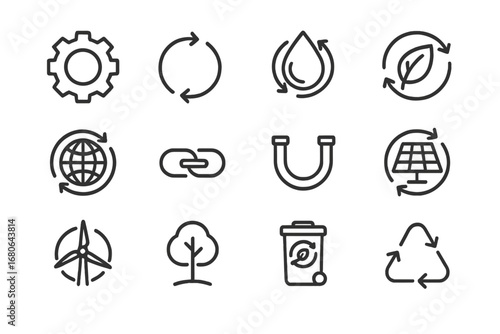 Closed-Loop Systems Icons. Outline icon set of closed-loop systems: gear, arrow circle, water drop, leaf,