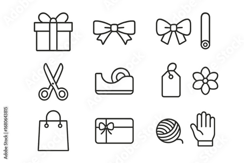 Creative Gift Wrapping Icons. Outline icon set of Creative gift wrapping and packaging: gift box, ribbon, bow,
