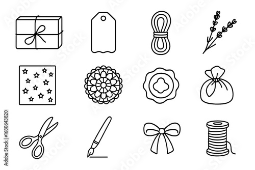 Handmade Gift Icons. Outline icon set of Handmade gift packaging: kraft paper, hand-drawn tags, twine, dried