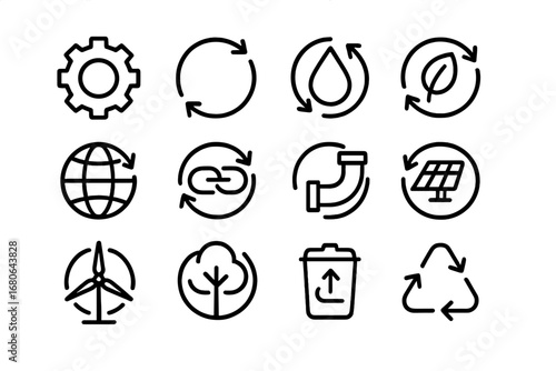 Closed-Loop Systems Icons. Outline icon set of closed-loop systems: gear, arrow circle, water drop, leaf,
