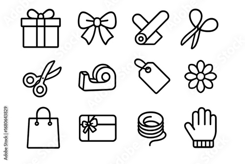 Creative Gift Wrapping Icons. Outline icon set of Creative gift wrapping and packaging: gift box, ribbon, bow,