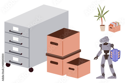 File cabinet, cardboard boxes, plant, folders, and robot assistant organizing and decluttering office items. Ideal for workspace automation, technology, organization, efficiency innovation