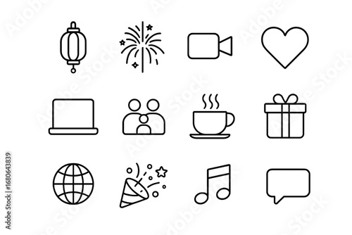 Cultural Holiday Icons. Outline icon set of cultural holiday calls: lantern, fireworks, video camera, heart,