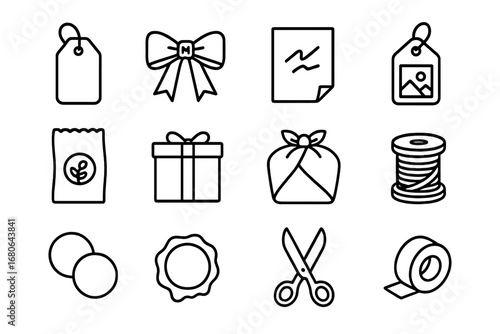 Gift Packaging Icons. Outline icon set of Personalized gift packaging: custom tags, monogram ribbons,
