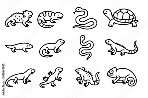 Desert Reptiles Icon Set. Outline icon set of Desert reptiles: horned lizard, Gila monster, rattlesnake,