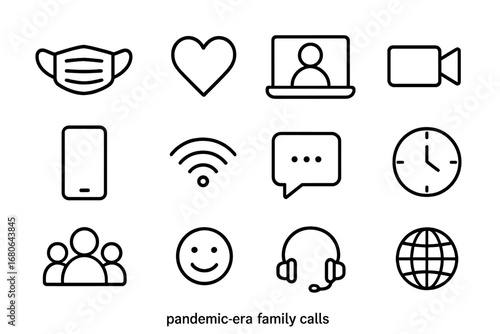 Pandemic Call Icons. Outline icon set of pandemic-era family calls: face mask, heart, laptop, video camera,