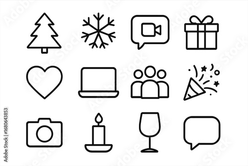 Holiday Icon Grid. Outline icon set of holiday calls: Christmas tree, snowflake, video call icon, gift box,