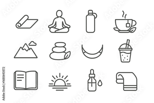 Wellness Retreat Icons. Outline icon set of wellness retreats: yoga mat, meditation pose, water bottle, herbal
