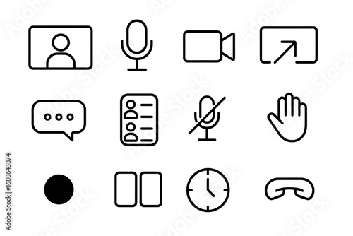 Online Meeting Icons. Outline icon set of Online meeting platforms: video window, microphone, camera, screen