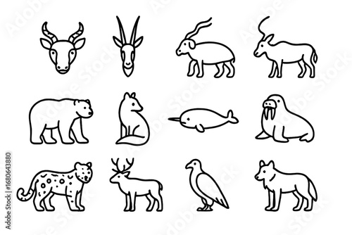 Endangered Animal Icons. Outline icon set of Endangered animals in deserts and arctic: saiga antelope, Arabian