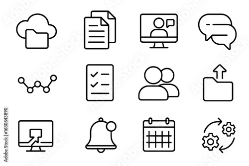 Collaborative Workspace Icons. Outline icon set of Collaborative online workspaces: cloud storage, shared