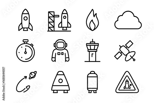 Rocket Launch Icons. Outline icon set of rocket launches: rocket, launch pad, flame, smoke cloud, countdown