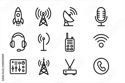 Communication System Icons. Outline icon set of rocket launch communication systems: radio tower, satellite