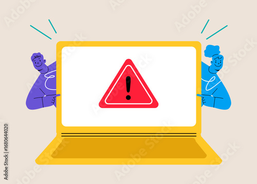 Big warning sign on screen. Operating system error. Alert notification concept. Colorful vector illustration