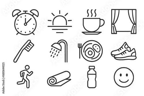 Morning Routine Icons. Outline icon set of waking up early: alarm clock, sunrise, coffee cup, open curtains,