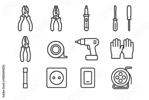 Electrical Tools Icons. Outline icon set of electrical work tools: wire cutter, pliers, voltage tester,