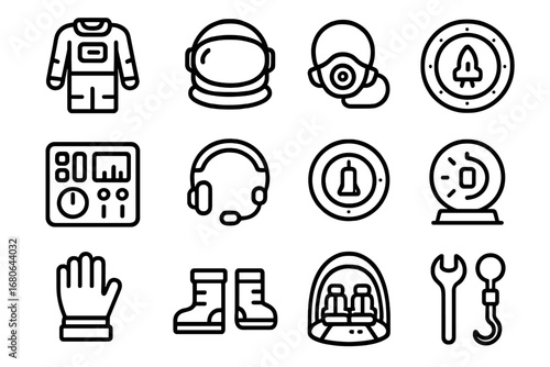 Astronaut Activity Icons. Outline icon set of astronaut activities during launch: astronaut suit, helmet,