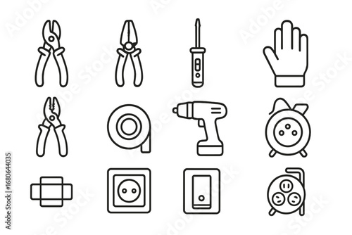 Electrical Tools Icons. Outline icon set of electrical work tools: wire cutter, pliers, voltage tester,