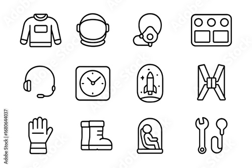 Astronaut Activity Icons. Outline icon set of astronaut activities during launch: astronaut suit, helmet,