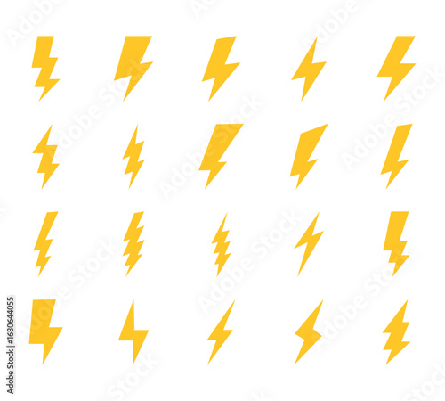 Thunderbolt lightning electric symbol set. Thunder, energy, light, yellow icon collection. 
