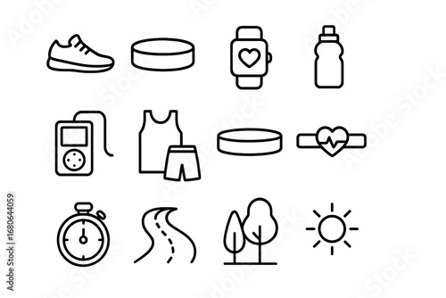Friends Jogging Icons. Outline icon set of friends jogging together: running shoes, sweatband, fitness watch,