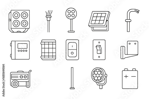 Mining Light Icons. Outline icon set of mining site lighting: floodlight, high mast lamp, LED panel, wiring