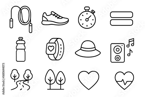 Outdoor Cardio Icon Set. Outline icon set of outdoor cardio session: jump ropes, running shoes, stopwatch,