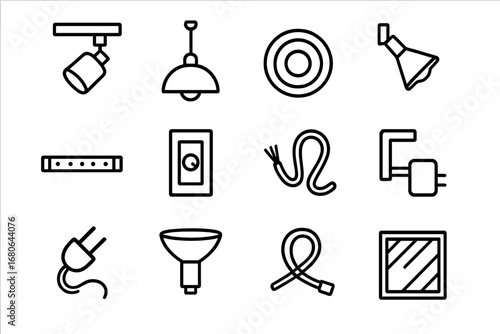 Retail Lighting Icons. Outline icon set of retail store lighting: track light, pendant lamp, recessed fixture,