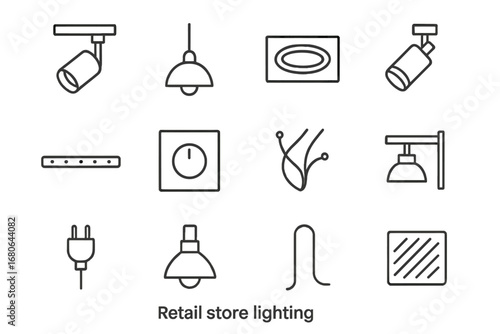 Retail Lighting Icons. Outline icon set of retail store lighting: track light, pendant lamp, recessed fixture,