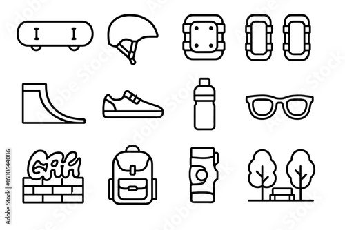 Skateboarding Icon Set. Outline icon set of friends skateboarding outdoors: skateboards, helmets, knee pads,