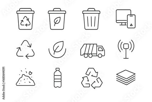Waste Management Icons. Outline icon set of waste sorting and smart waste management: recycling bins, compost