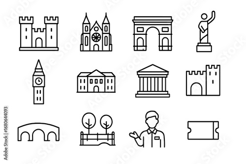 Landmark Icon Collection. Outline icon set of wildlife photography: camera, tripod, binoculars, bird, deer,