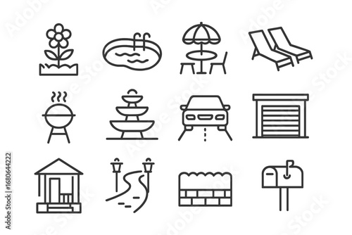 Outdoor Features Icons. Outline icon set of outdoor property features: garden, swimming pool, patio, deck