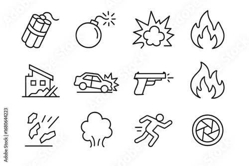 Explosive Action Icons. Outline icon set of explosive action scenes: dynamite, bomb fuse, explosion shockwave,