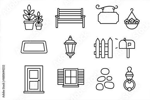Curb Appeal Icons. Outline icon set of biodegradable fashion accessories: hemp hat, cork wallet, bamboo
