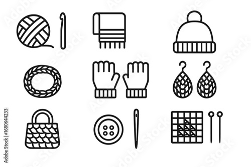Crochet Essentials Icons. Outline icon set of fashion crochet essentials: yarn ball, crochet hook, scarf, hat,