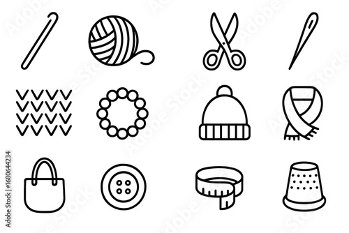 Crochet Accessory Icons. Outline icon set of crocheting your own fashion accessories: crochet hook, yarn ball,