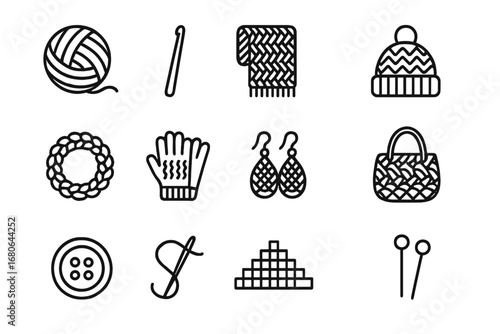Crochet Essentials Icons. Outline icon set of fashion crochet essentials: yarn ball, crochet hook, scarf, hat,