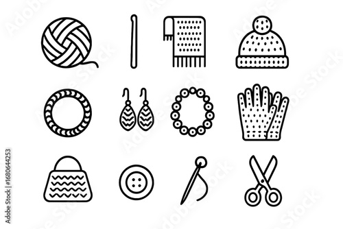 Crochet Fashion Icons. Outline icon set of fashion crochet accessories: yarn ball, crochet hook, scarf, hat,