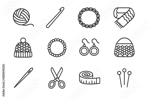 Crochet Accessory Icons. Outline icon set of making crochet accessories: yarn ball, crochet hook, bracelet,