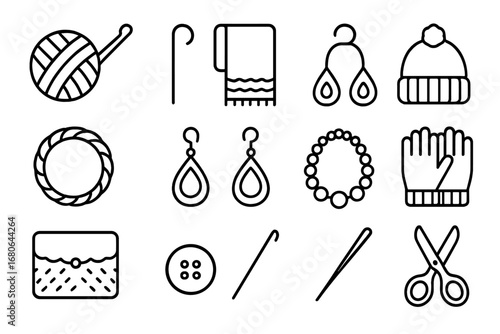 Crochet Fashion Icons. Outline icon set of fashion crochet accessories: yarn ball, crochet hook, scarf, hat,