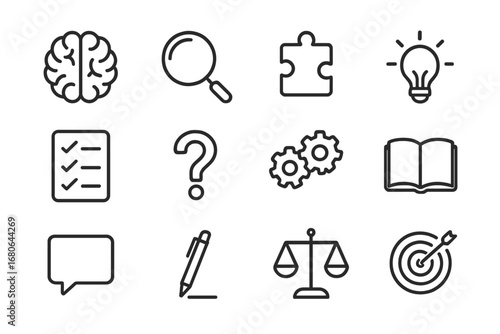 Critical Thinking Icons Grid. Outline icon set of critical thinking skills: brain, magnifying glass, puzzle