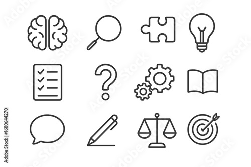 Critical Thinking Icons Grid. Outline icon set of critical thinking skills: brain, magnifying glass, puzzle