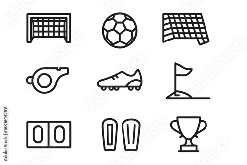 Soccer Icon Set. Outline icon set of soccer net: goalpost, soccer ball, net, referee whistle, cleats, corner