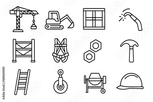 Sculpture Installation Icons. Outline icon set of large-scale sculpture installations: crane, heavy machinery,